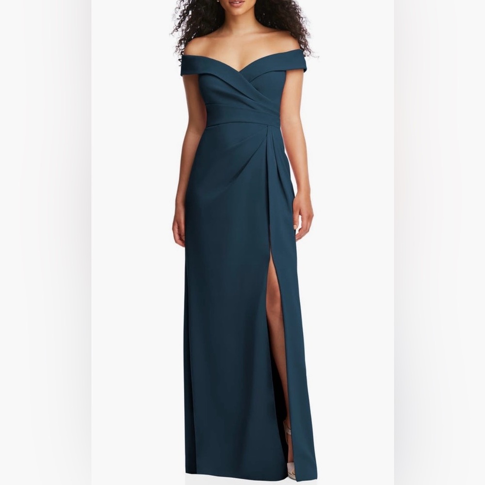 After Six - Deep Teal Atlantic Blue Off the Shoulder Crepe Gown Maxi Dress - Picture 4 of 15